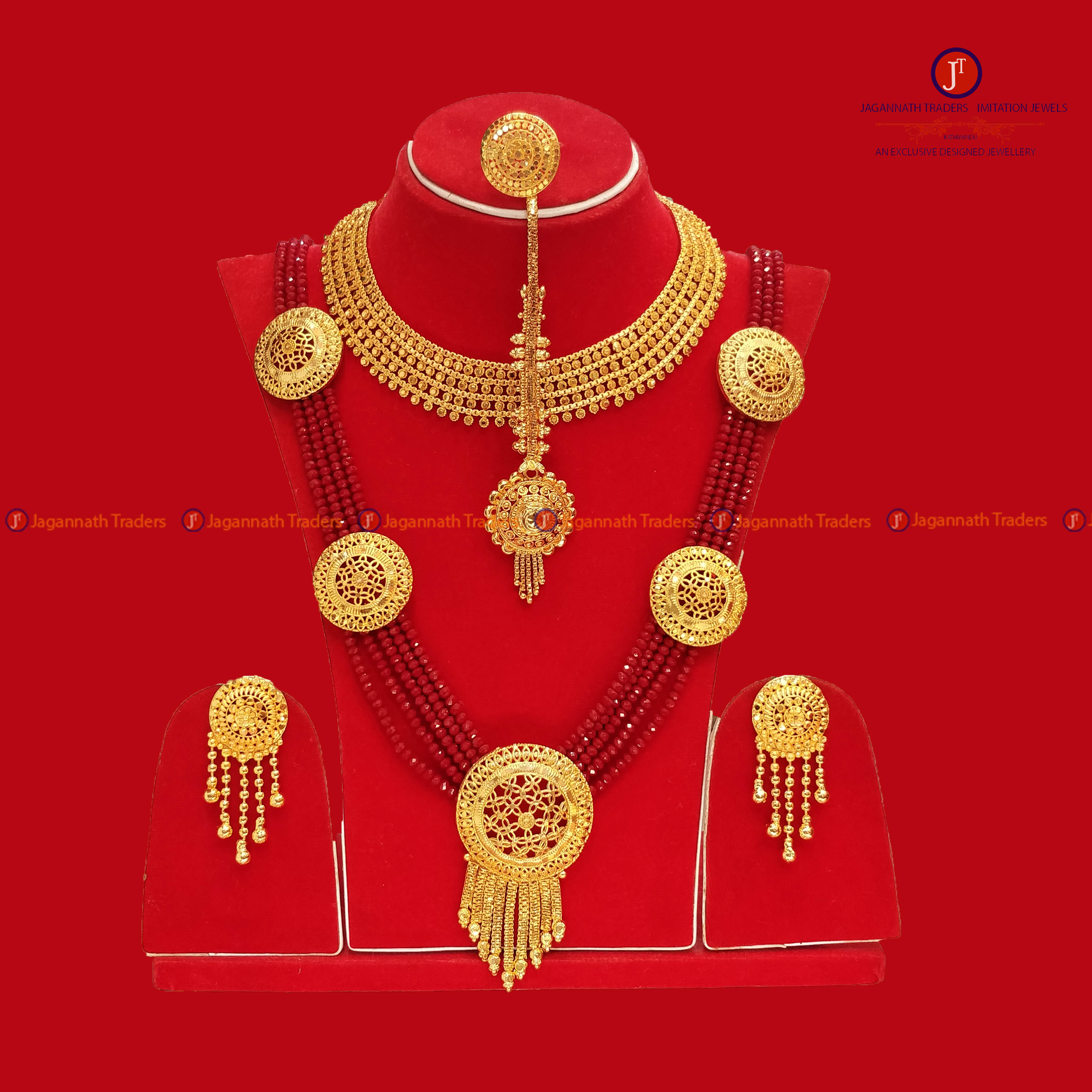 Gold Plated Rani Haar Set With Mini Haar,Earring Finger Ring And Maang Tikka For Women