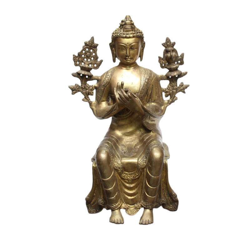 Seven Chakra Handicraft - 13.5" Golden Maitri Buddha Statue (Ledge Sitting) Design Table Décor