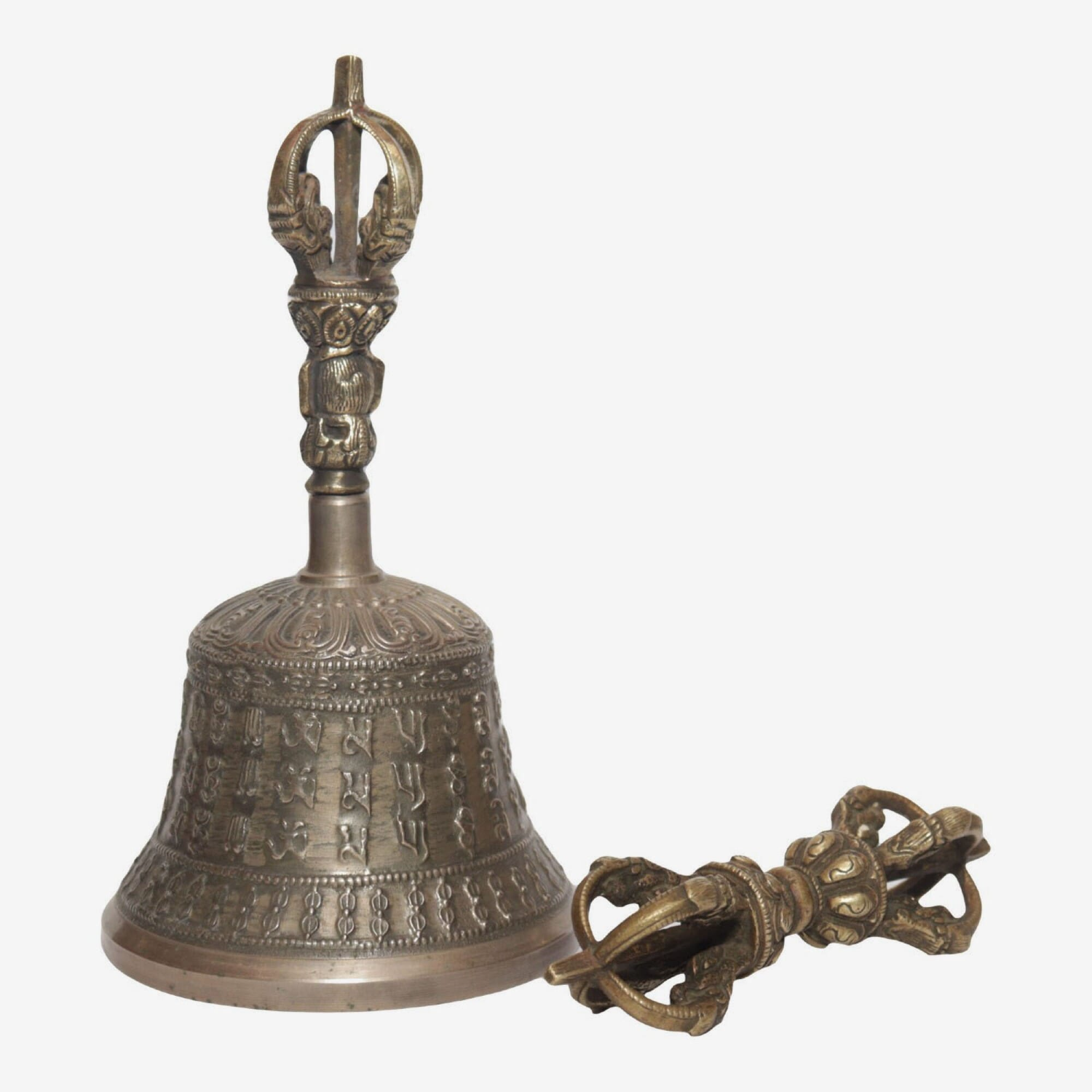 Seven Chakra Handicraft - Grey Mantra Designed Tibetean Bronze Bell With Bajra Set 18 Cm 450 G