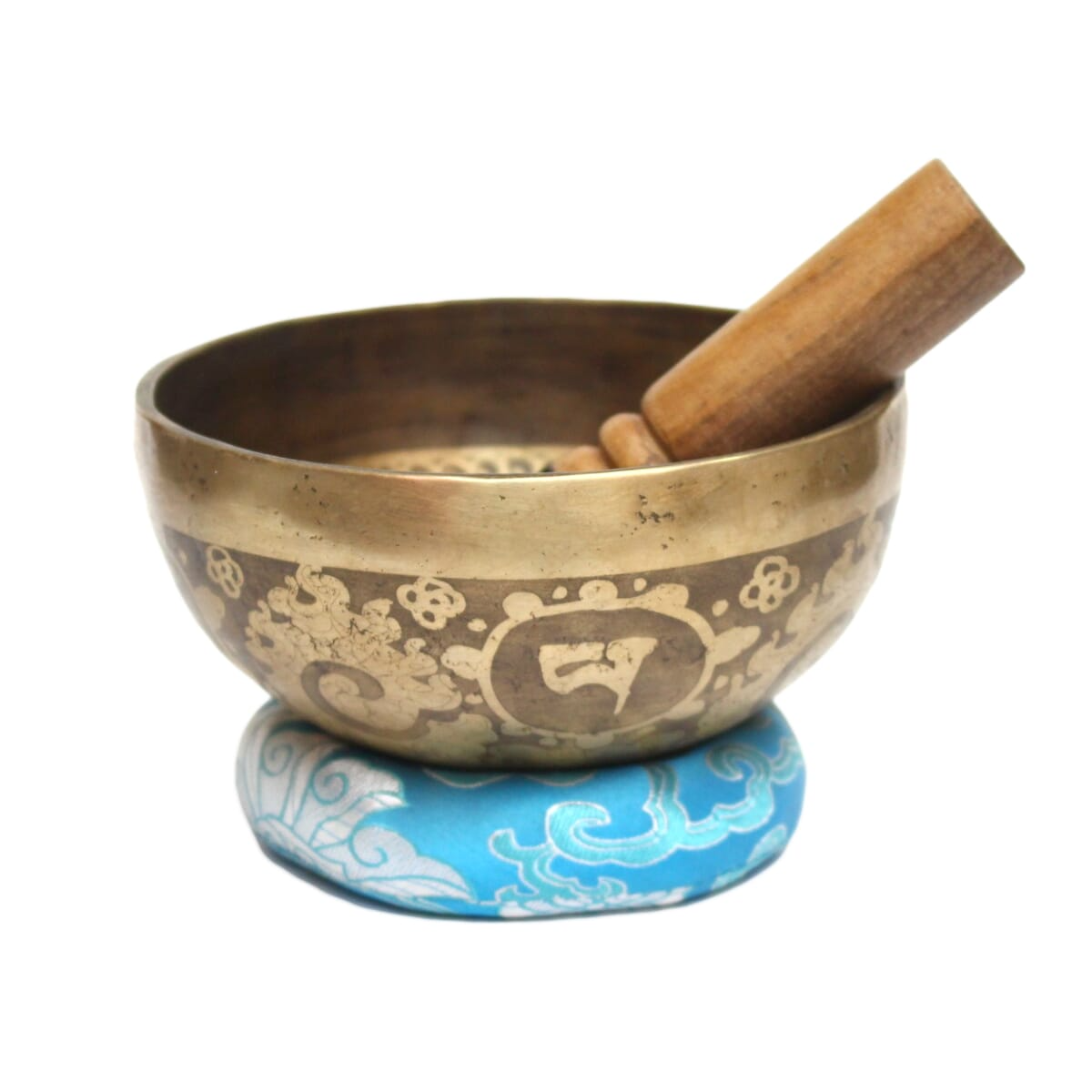 Seven Chakra Handicraft - Golden Handmade Singing Bowl (Om Mane/ Cross Bajra Desing)