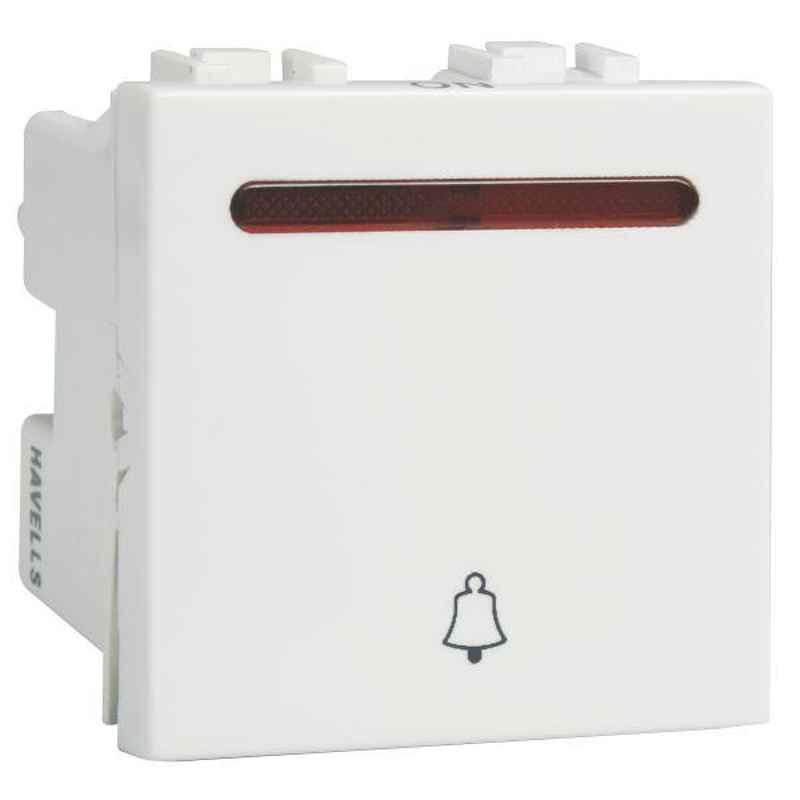 Havells Coral 10A Polycarbonate Pure White Mega Bell Push Switch with Indicator, AHLMXIW101