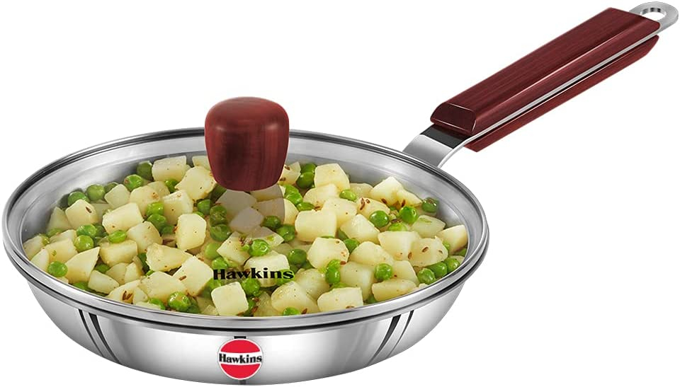 Hawkins Stainless Steel Frying Pan 22 cm with Glass Lid, Silver, Standard SSF22G