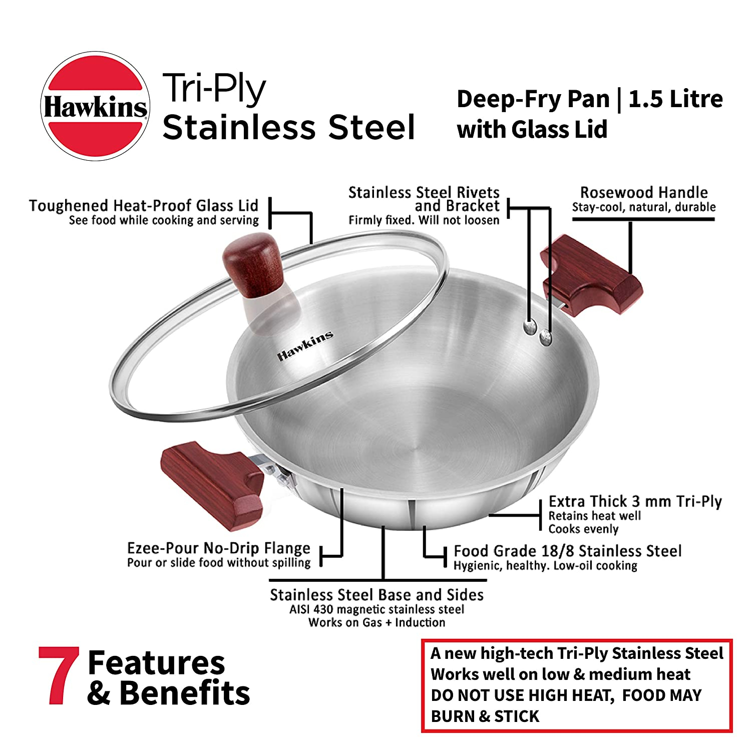 Hawkins Stainless Steel Deep Fry Pan With Glass Lid Induction Compatible SSD15G
