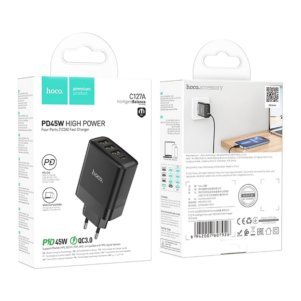 Hoco C127A Intelligent Four-Port Pd45W(1C3A) Charger(Eu)
