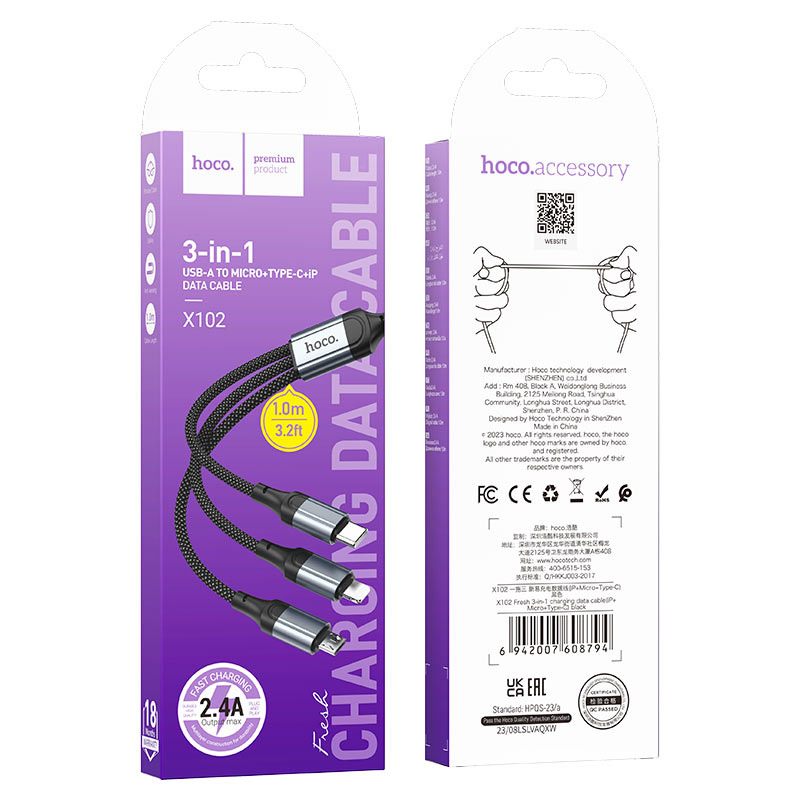 Hoco X102 Fresh 3-in-1 charging data cable(iP+Micro+Type-C)