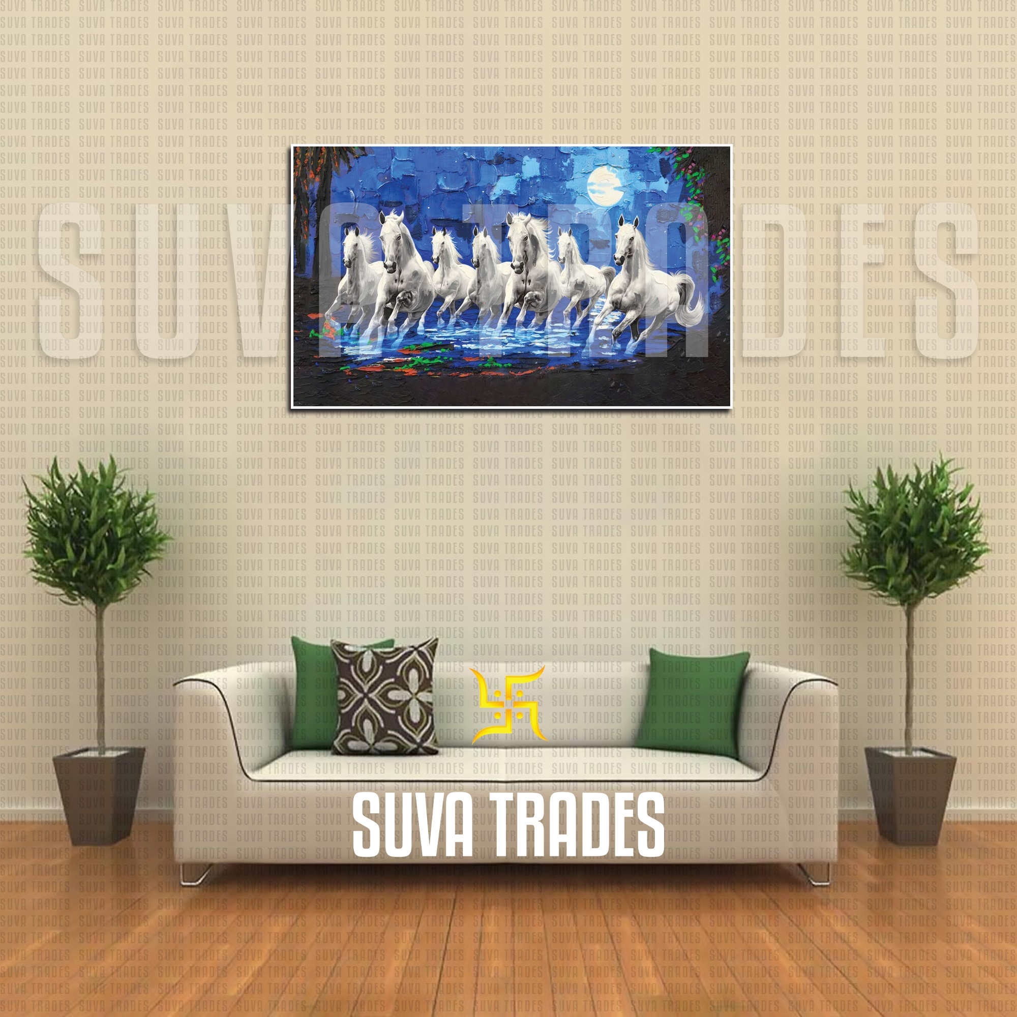 7 Horse Blue Background Wall Hang Animal Canvas Print With Wooden Frame by Suva Trades
