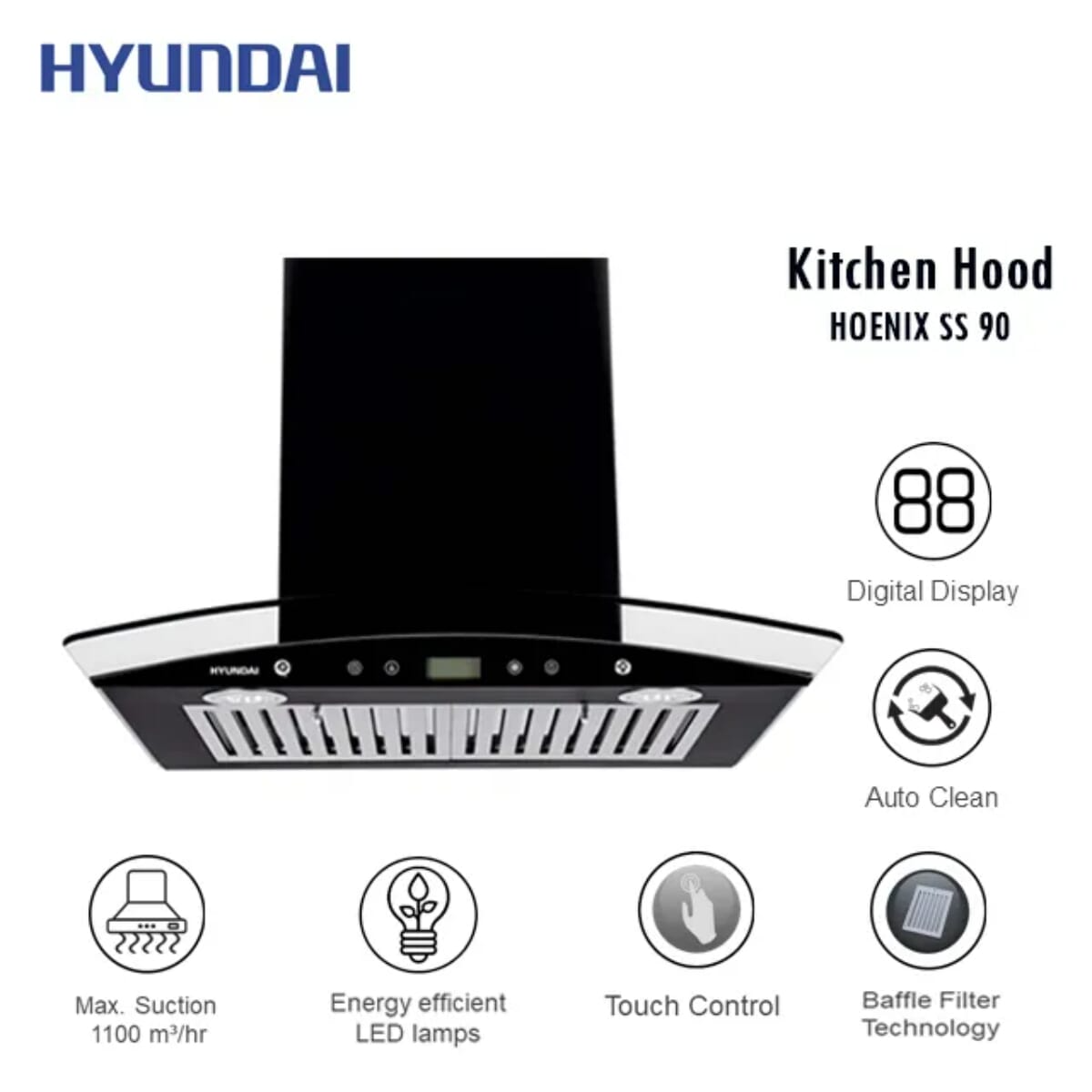 Hyundai HOENIX SS 90cm Chimney - Kitchen Hood Electric Chimney 