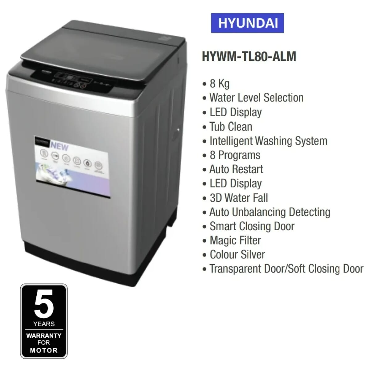 Hyundai HYWM-TL08-ALM - 8kg Washing Machine Top Load
