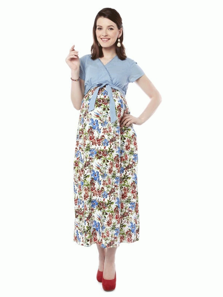 Nine Maternity Nursing Dress with Solid Yoke and Printed Modal 5170