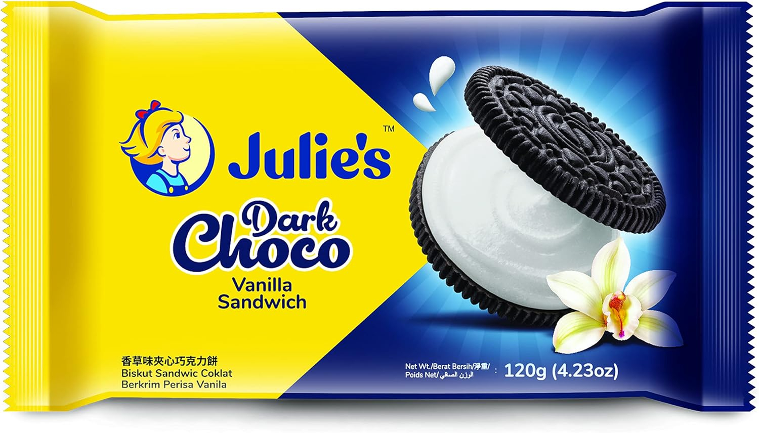 Julie's Dark Choc Vanilla Sandwich Biscuits, 145g