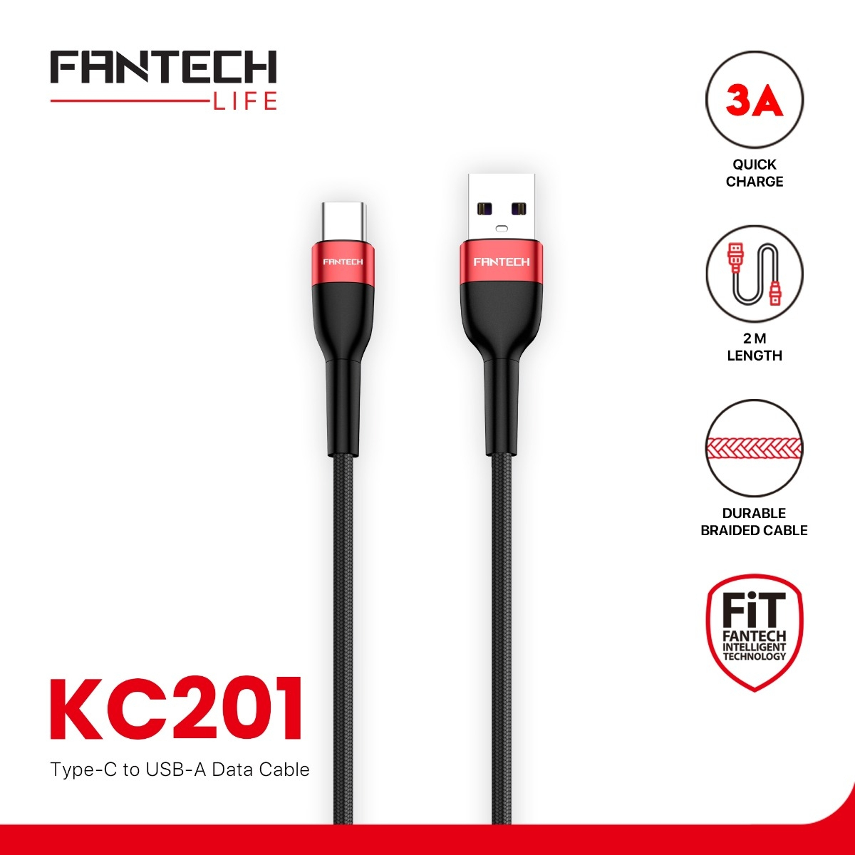 Fantech KC201 USB to type C Data Cable (Black,Red)