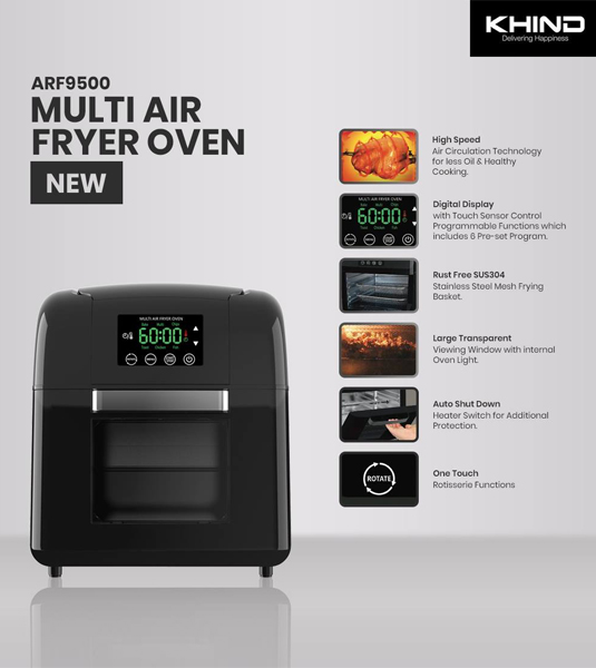 Khind Multi Fryer Oven | Oven with Air Fryer | Model: Arf9500 Multi Air Fryer Oven 