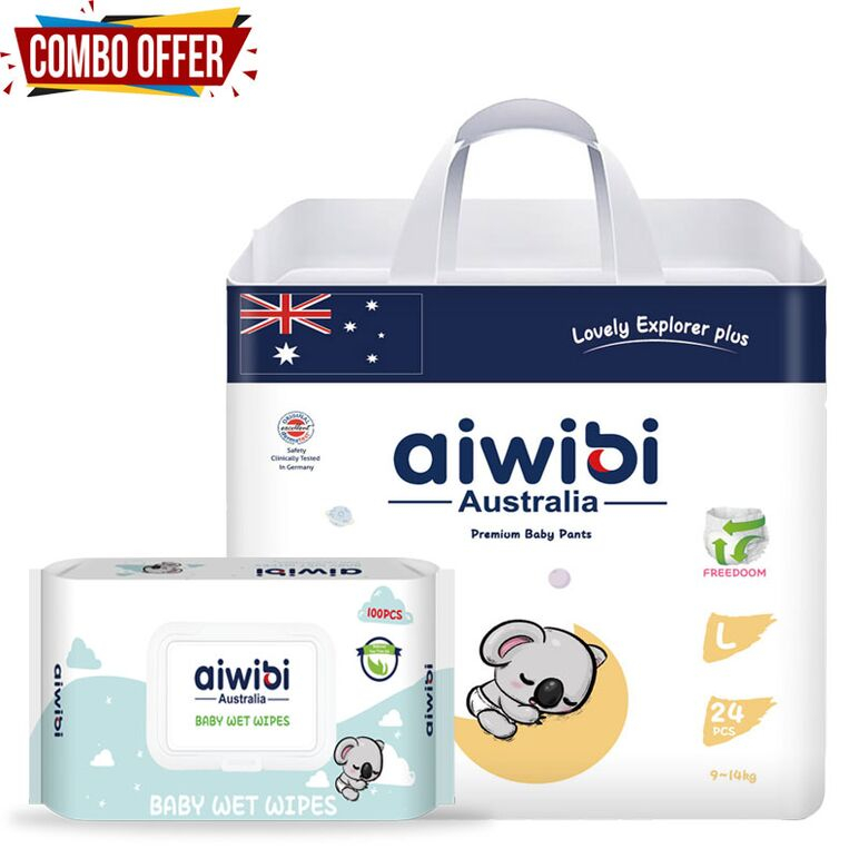Aiwibi Australian Disposable Breathable Baby Diapers With Elastic Waistband L 24 + wipes