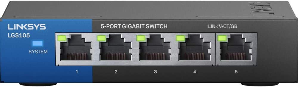 Linksys LGS105: 5-Port Business Desktop Gigabit Ethernet Unmanaged Switch, Computer Network, Wired Connection Speed up to 1,000 Mbps (Black, Blue)