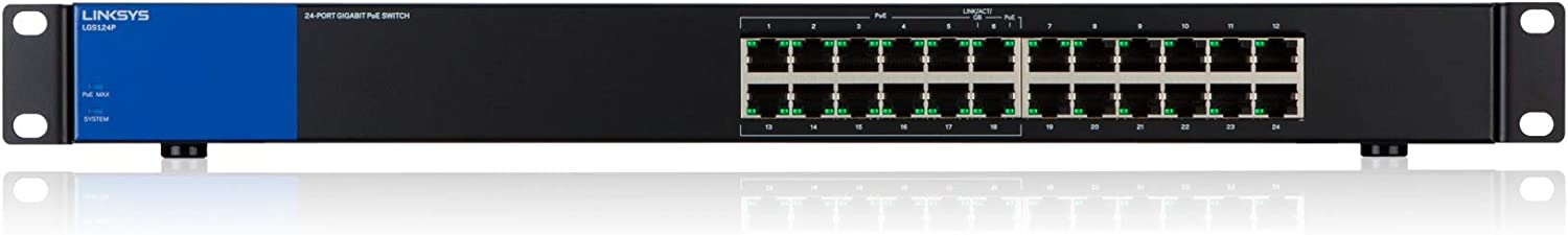 Linksys LGS124P: 24-Port Business Gigabit PoE+ Unmanaged Network Switch, Ethernet Plus, Wired Connection Speed 1,000 up to Mbps (Black, Blue)