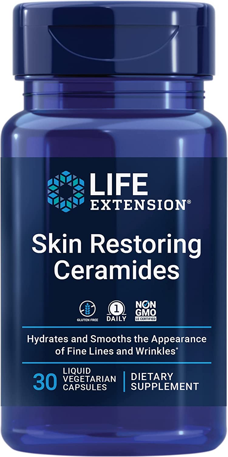Life Extension Skin Restoring Ceramides - Promotes Hydration & Encourages Healthy Ceramide Levels in Skin - Once-Daily Oral Supplement - Non-GMO, Gluten-Free – 30 Liquid Vegetarian Capsules