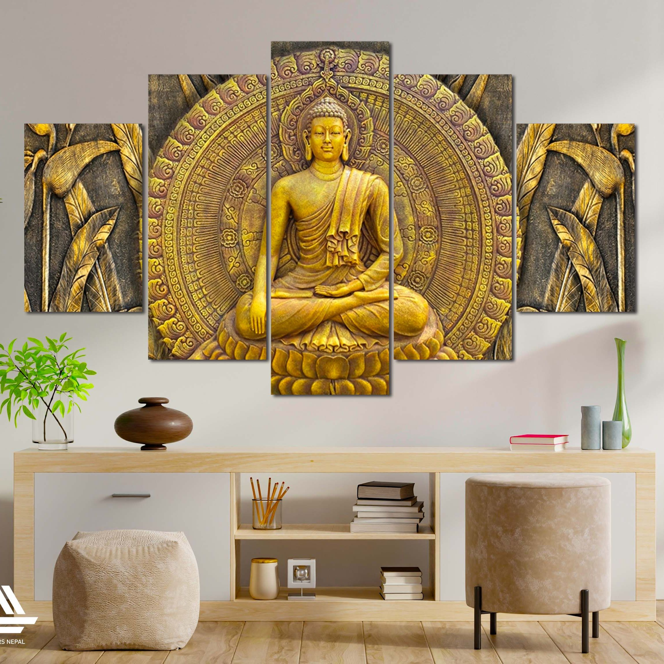 Lord Buddha 5 Panel Canvas | Wall | Home Decor | Canvas | Wall Art With Frame Inside 