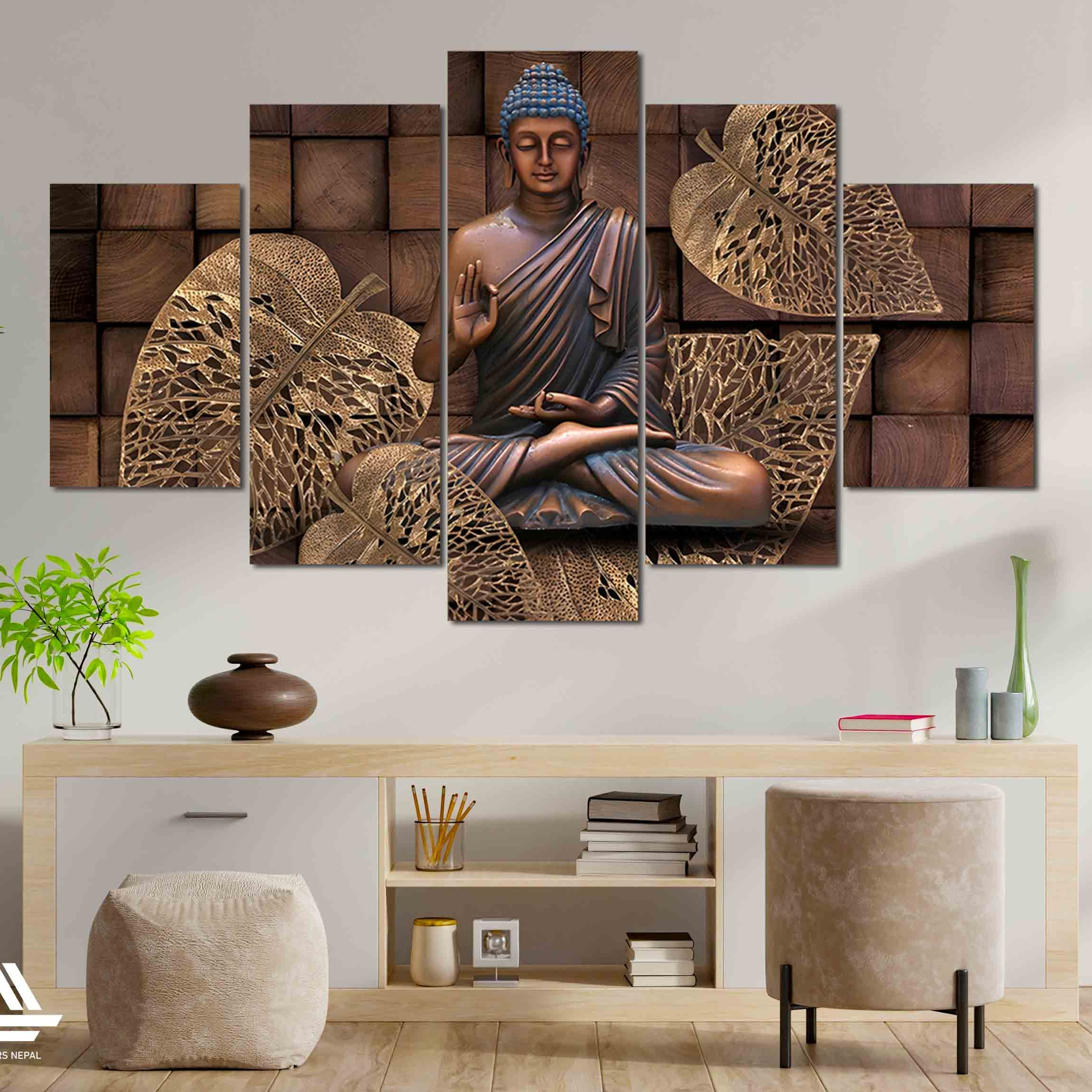Lord Buddha 5 Panel Canvas | Wall | Home Decor | Canvas | Wall Art With Frame Inside 