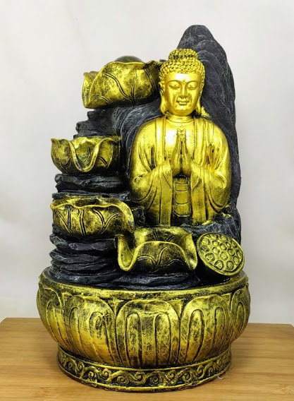 Laughing Buddha - Lord Buddha 3 Step Water Fountain with LED Lights and Water Pump (Gray, Golden, 16.5″ X 9″ X 10.5″) (Big)