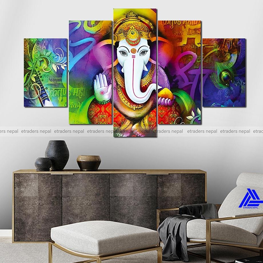 Lord Ganesh 5 Panel Canvas | Wall | Home Decor | Canvas | Wall Art With Frame Inside 