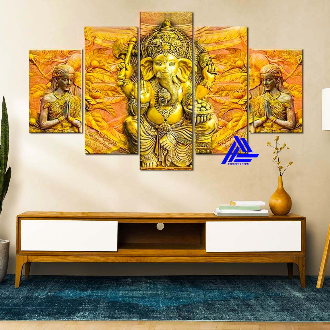 Lord Ganesh 5 Panel Canvas | Wall | Home Decor | Canvas | Wall Art With Frame Inside 