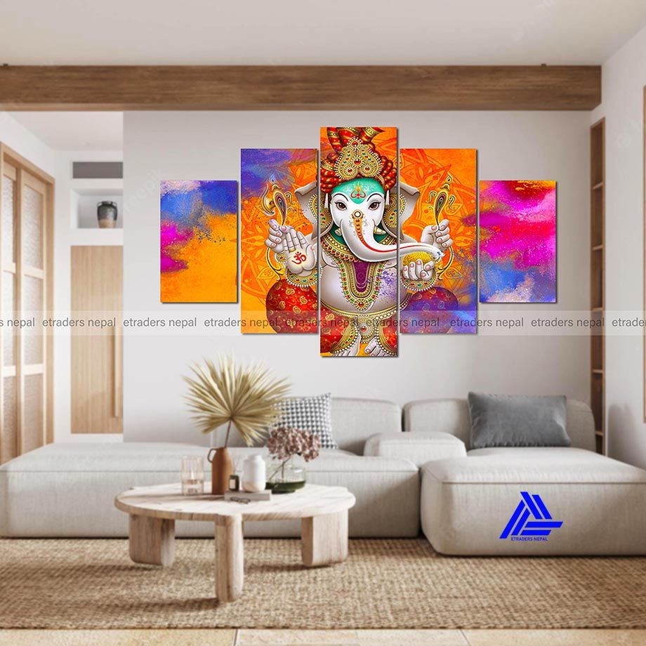 Lord Ganesh 5 Panel Canvas | Wall | Home Decor | Canvas | Wall Art With Frame Inside 