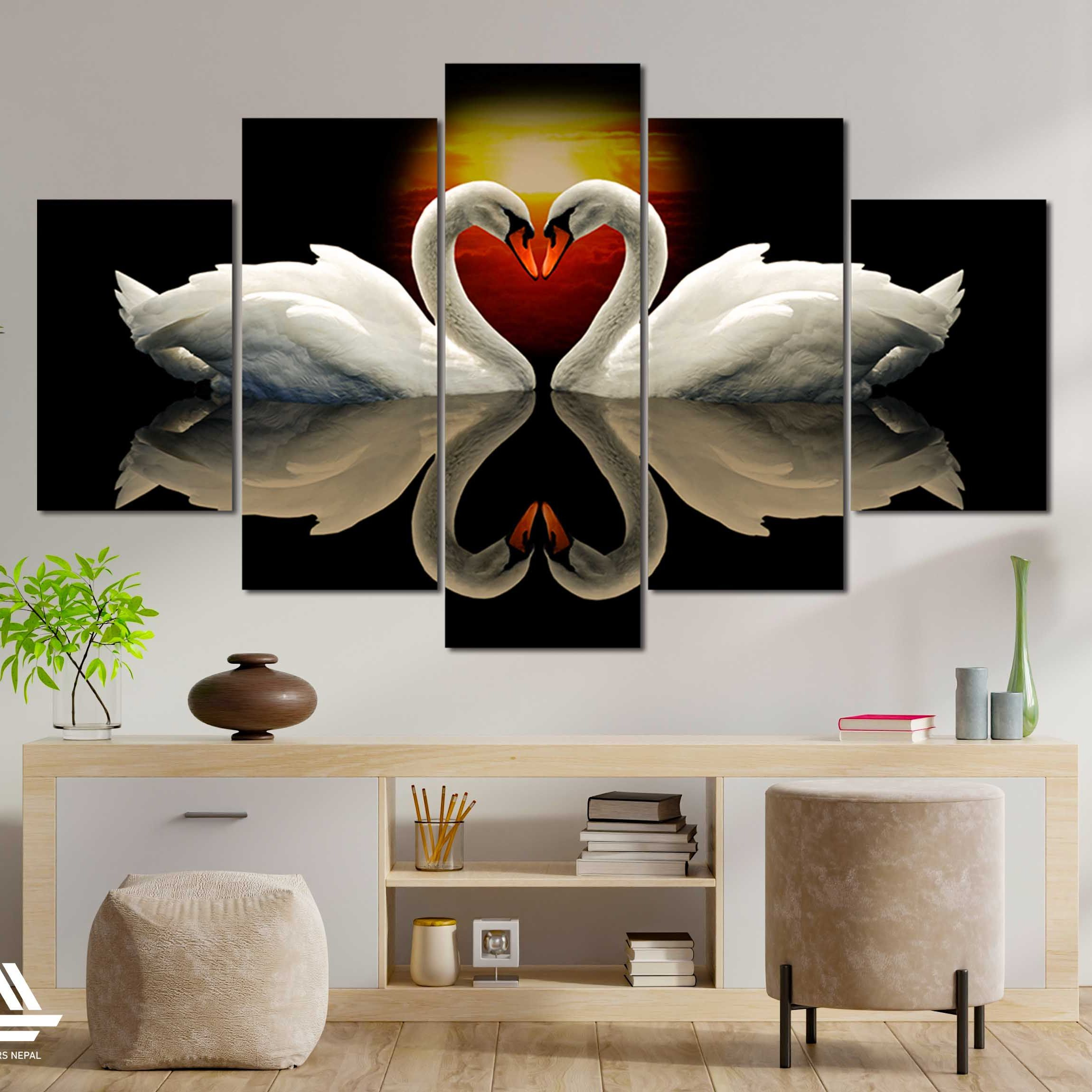 Big Size Swan 5 Panel Canvas | Wall | Home Decor | Canvas | Wall Art With Frame Inside