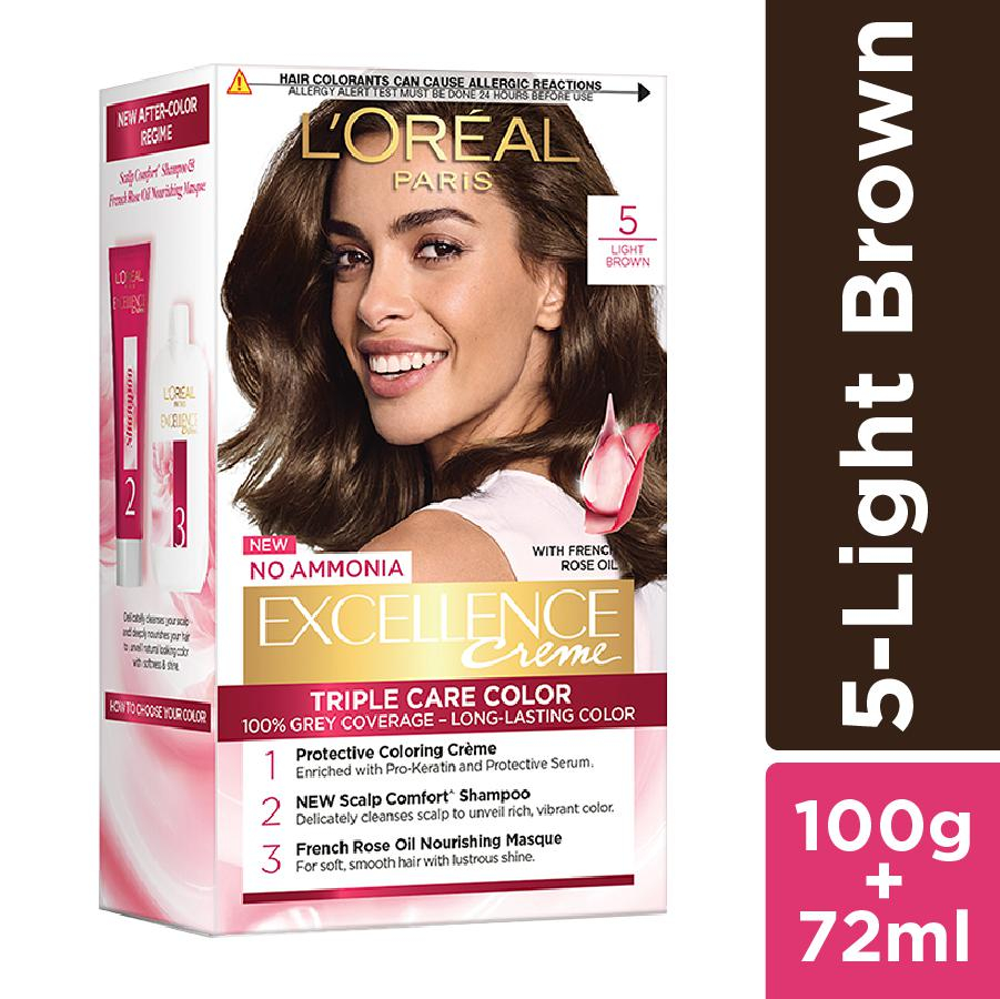 L'Oreal Paris Excellence Creme Hair Color, 5 Light Brown 72ml+100Gm