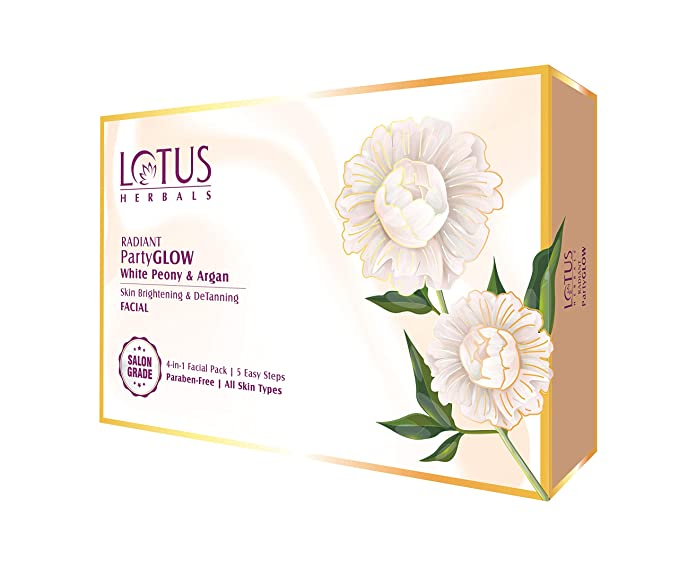 Lotus Herbals Radiant PartyGLOW White Peony & Argan Oil Detanning Facial Kit, Paraben Free, Salon Grade, All Skin Types, Pack of 4, 228g