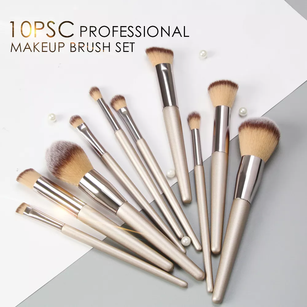 Maange 10pcs Professional Champagne Flame Make Up Brush Set Cosmetics Foundation Powder Eyeshadow Concealer Blush Make Up Brush Kit Tools