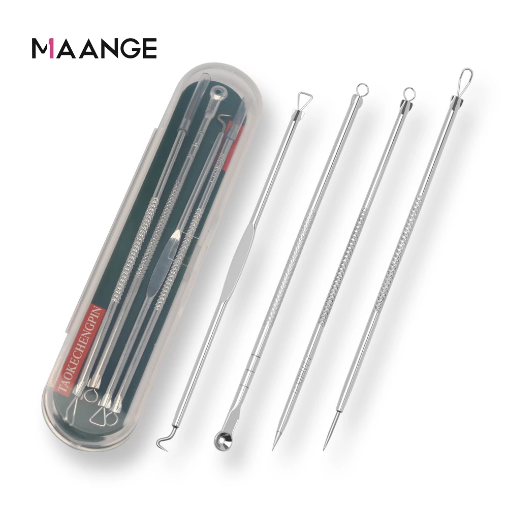 Maange 4pc/set Stainless Steel Blackhead Removal Kit Acne Blemish Pimple Extractor Remover Cosmetic Face Cleaning Tool