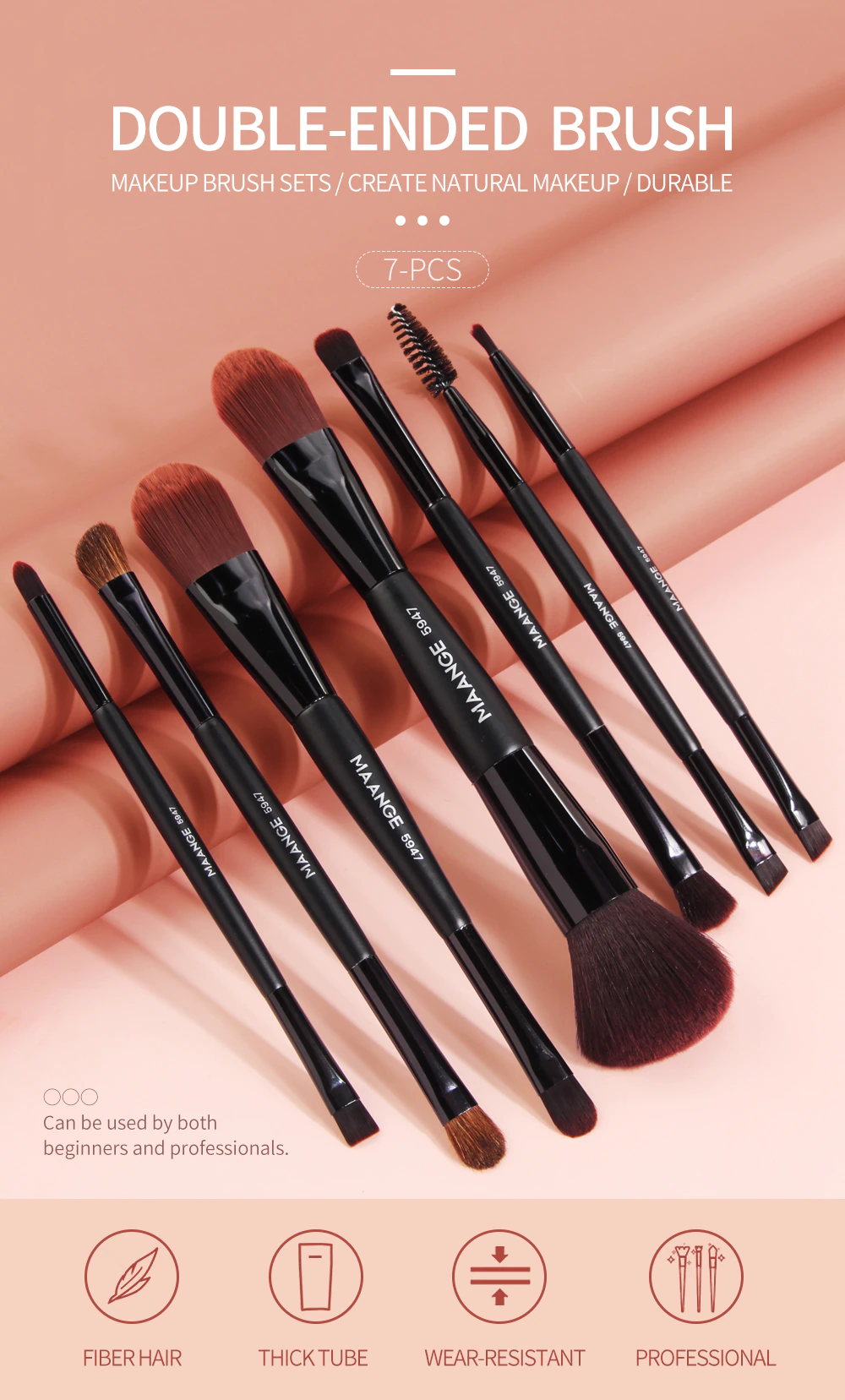 Maange Pro 7pcs Double Headed Makeup Brushes Foundation Powder Concealer Eyebrow Eyelash Eyeline Blending Beauty Make Up Brush