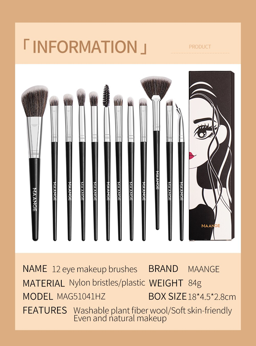 Maange 12 Pcs Makeup Brushes Set With Eye Shadow Blending Eyeliner Eyelash Eyebrow Fan Brush Mag5744