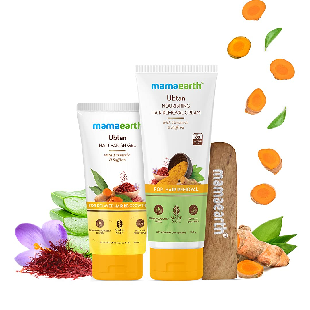 Mamaearth Ubtan Nourishing Hair Removal Cream Kit, for Sensitive Skin, Made Safe Certified with Turmeric & Saffron, with Hair Vanishing Gel & Wooden Spatula