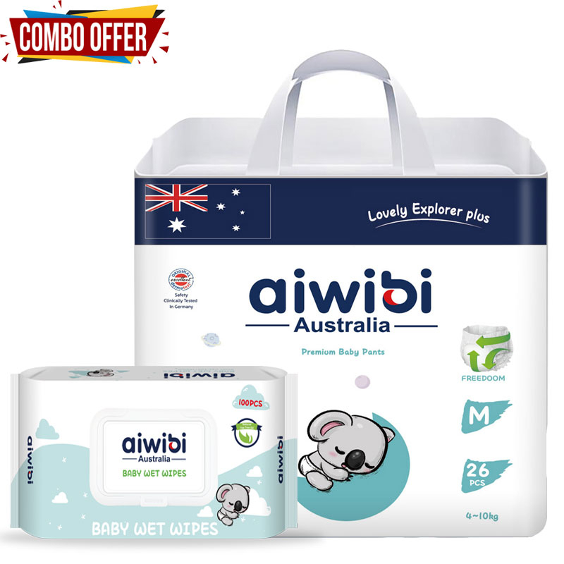 Aiwibi Australian Disposable Breathable Baby Diapers With Elastic Waistband M26 With Premium Wipes