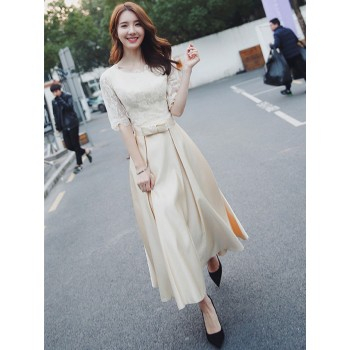 Chic Elegant Hollow Half Sleeve Sense Sheer Lace Ribbon Long Party Dress M 41000242