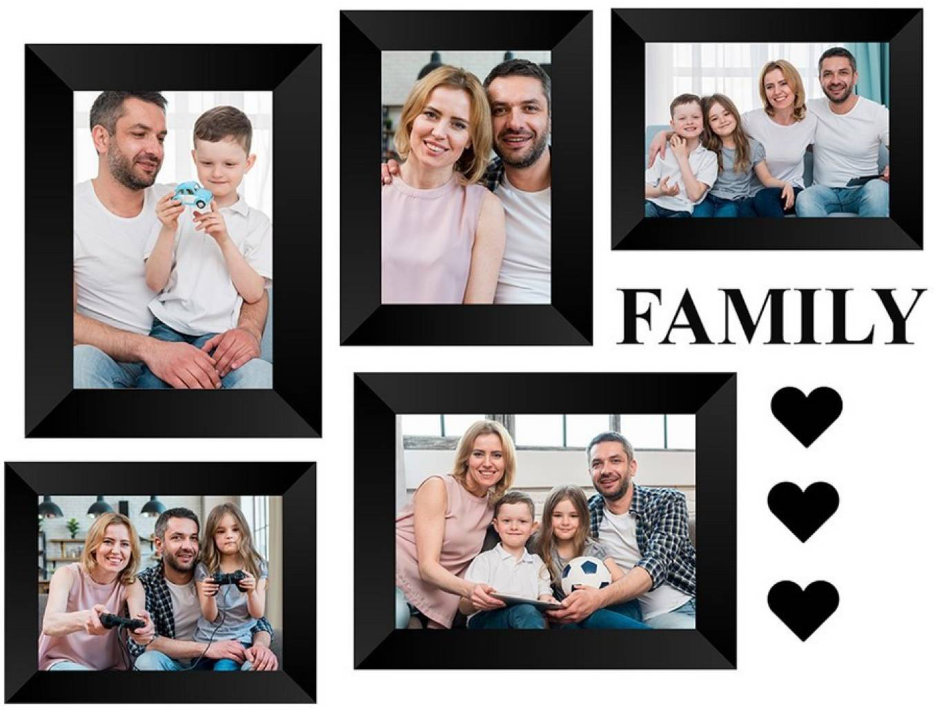 Memory Wall Collage Photo Frame - Set of 5 Photo Frames for 3 Photos of 4"x6", 2 Photos of 5"x7", 1 Piece of FAMILY, 3 Pieces of HEARTS