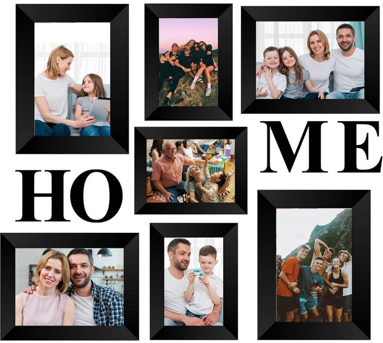 Memory Wall Collage Photo Frame - Set of 7 Photo Frames for 3 Photos of 4"x6", 4 Photos of 5"x7", 1 Piece of HOME