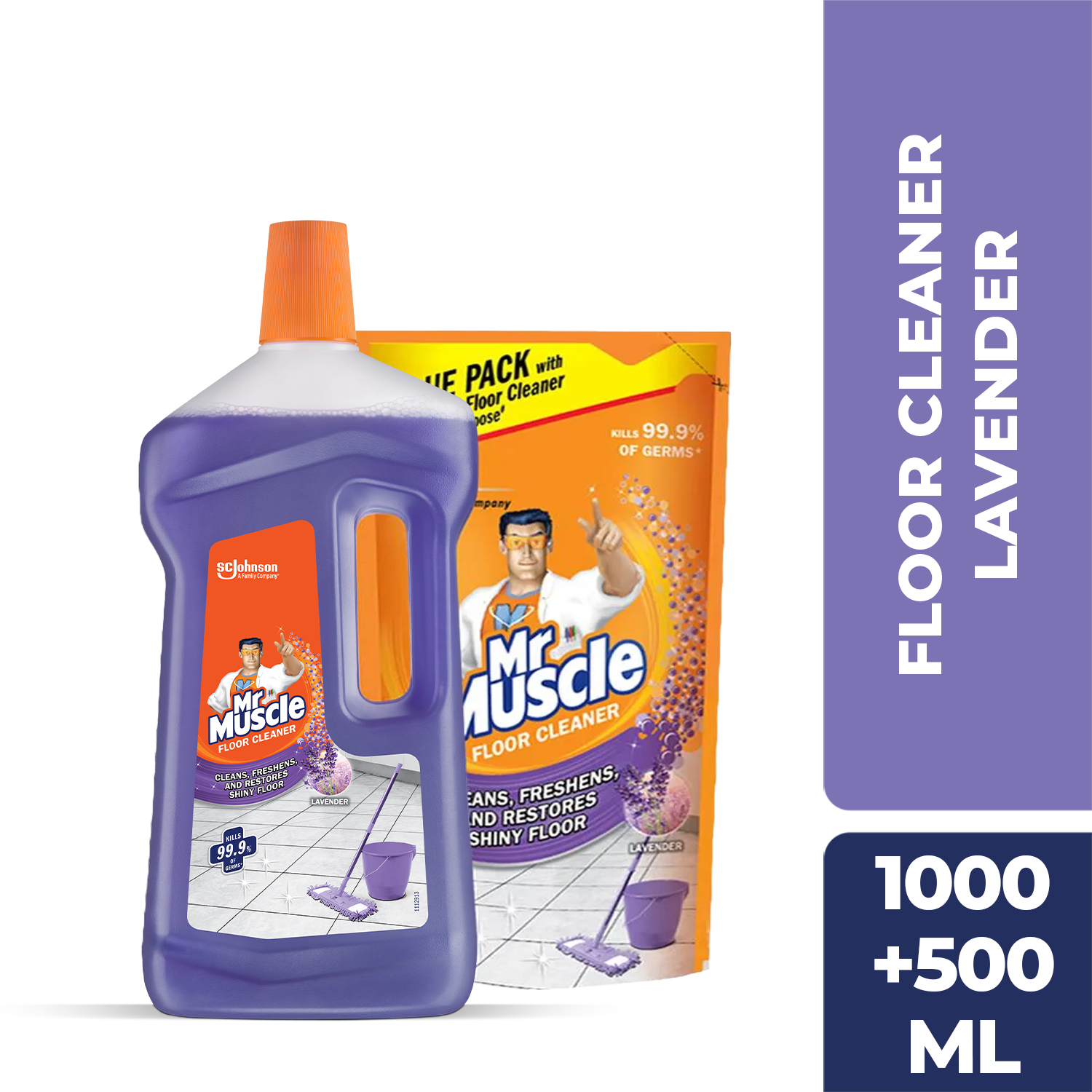 Mr Muscle Floor Cleaner Lavender 1,000ml + 500 ml Free Kills 99.9% of Germs Cleans, Freshens & Restores Shiny Floors
