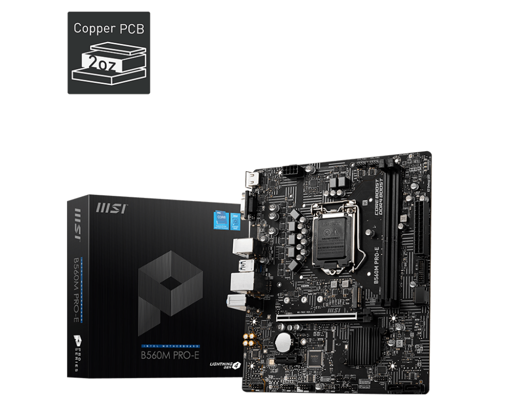 MSI B560M PRO-E Motherboard, Micro-ATX, Supports Intel Core 11th Gen Processors, LGA 1200-2 x DIMMs (5200MHz/OC), 1 x PCIe 4.0 x16, 1 x M.2 Gen4/3, 2.5G LAN