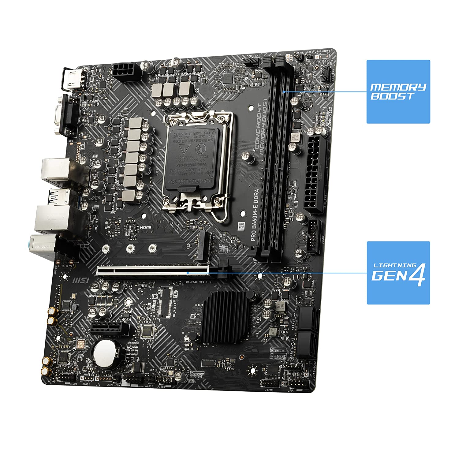 MSI PRO B660M-E DDR4 Motherboard, Micro-ATX - Supports Intel 12th Gen Core Processors, LGA 1700 - DDR4 Memory Boost 4600+MHz/OC, PCIe 4.0 x16 Slot, M.2 Gen3 x4, 2.5G LAN