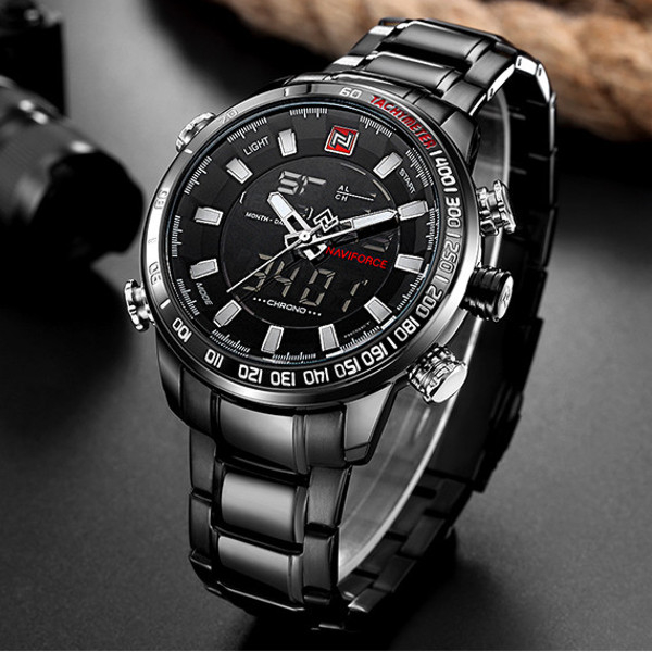 Naviforce Men's Multifunctional Dual Display Analog and Digital Stainless Steel Watch-NF9093