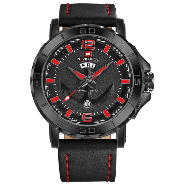 Naviforce Black/Red Casual Quartz Watch Leather Strap-NF9122