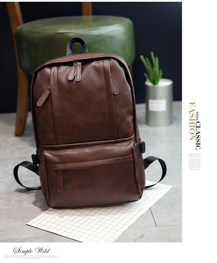 Korean Design Two Front Pockets PU Leather Shoulder Laptop Backpack-Brown 41001754
