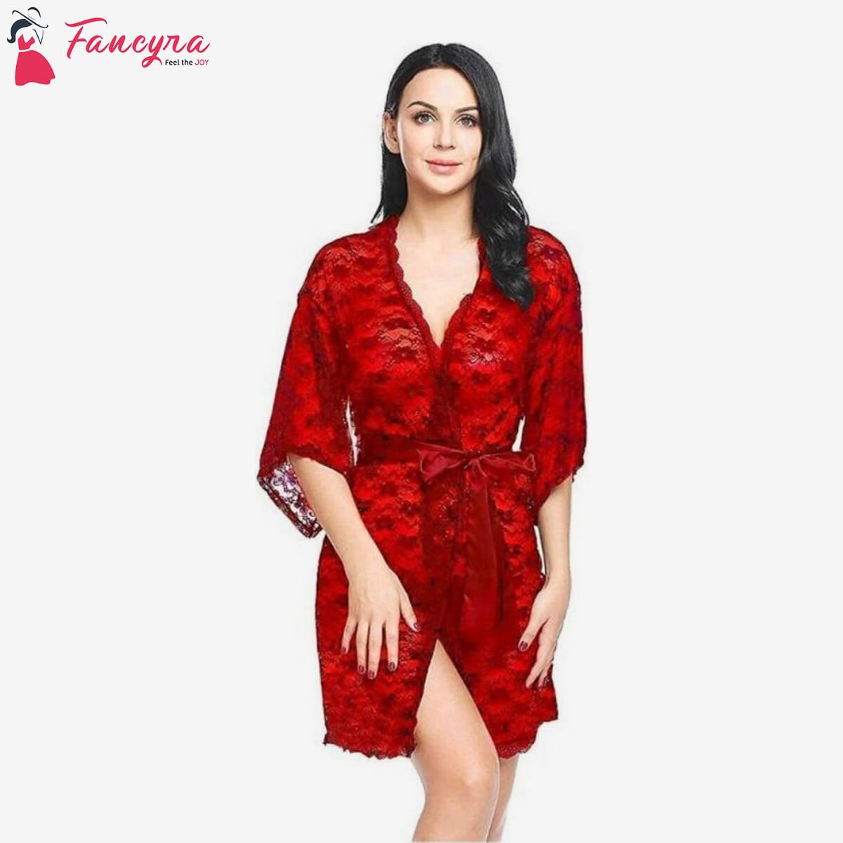 Fancyra - Red Nightdress For Women With Robe Free Size
