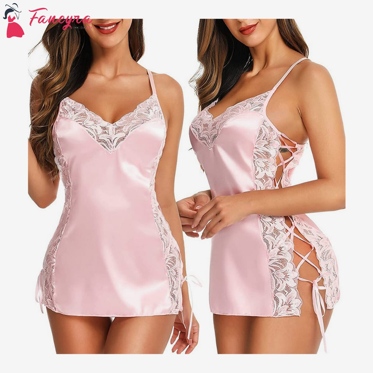 Fancyra - Women Sexy Babydoll Lingerie Lace Chemise Satin Babydoll Nightgown Sleepwear Dress for Ladies Free Size Blush Pink