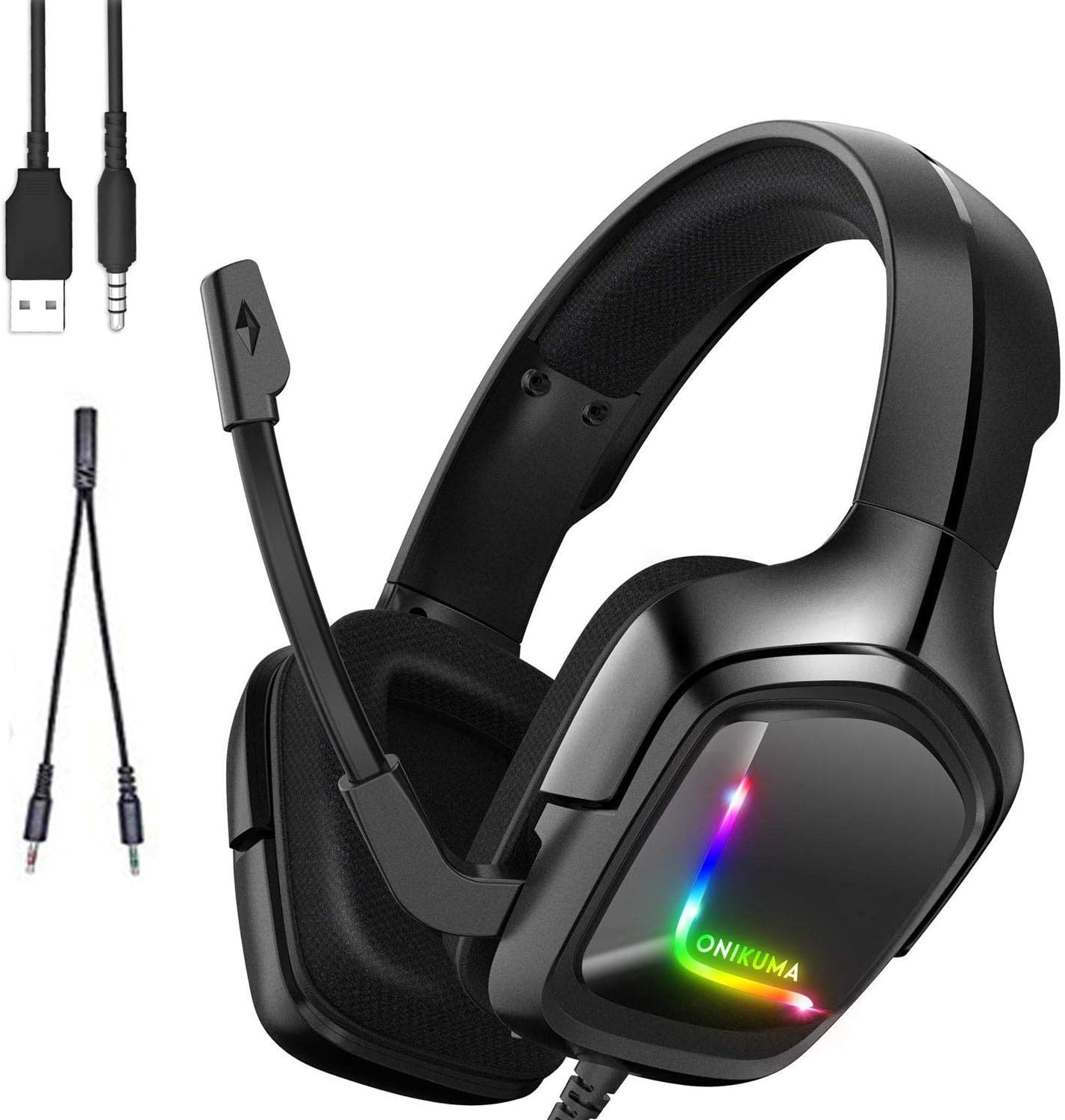 Onikuma K20 Stereo Rgb Gaming Headset With Led Light Noise-cancelling Mic For Mobile/pc/ps4/xbox One/mac, Black