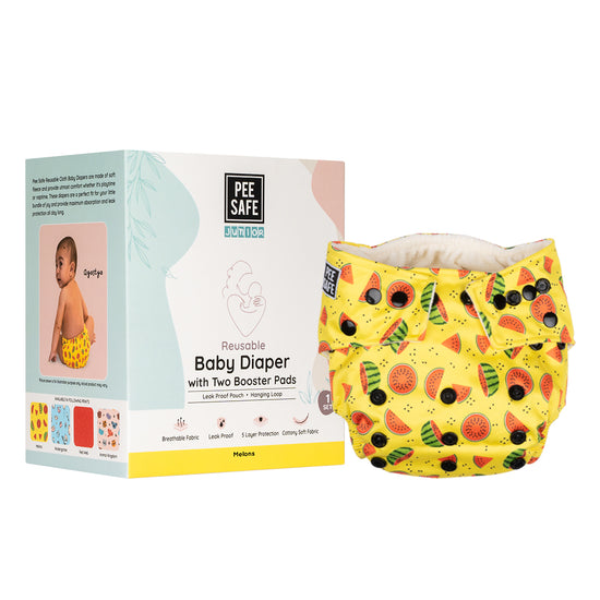 Pee Safe Reusable Baby Diaper Washable Adjustable Design Comfortable Soft Fabric 5 Layer Protection Kit Leak Proof 2 Booster Pads Melons 1 Set