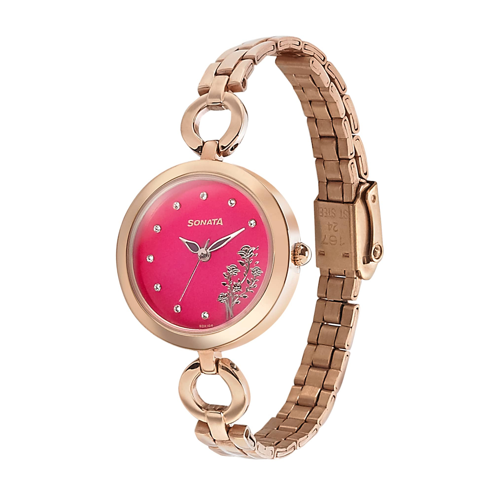 Sonata Pink Dial Stainless Steel Strap Watch-8147wm02