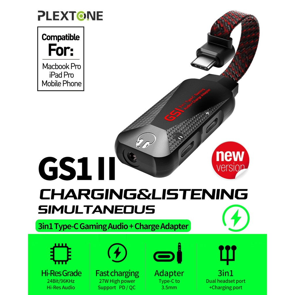 PLEXTONE GS1 MARK II Type C to Aux Audio Jack High Res 3 in 1 Gaming Audio Charge Adapter Connector (3.5 Mm)